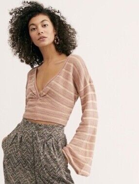 Free People Striped V-Neck Rose Beige Cropped Long Sleeve Bell Knit Shirt Sz L